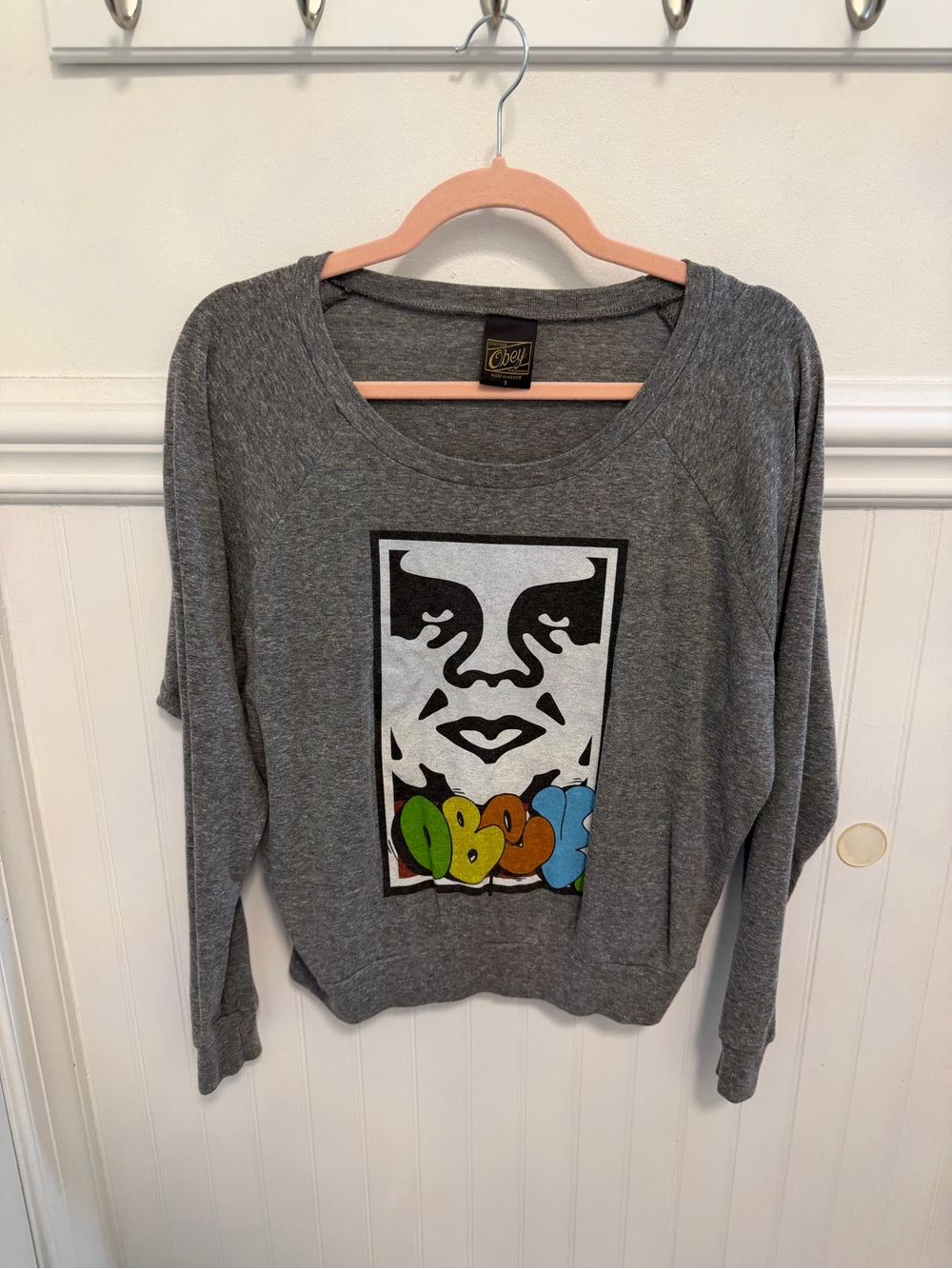 Obey Gray Crewneck Sweater with Multicolor Graphic